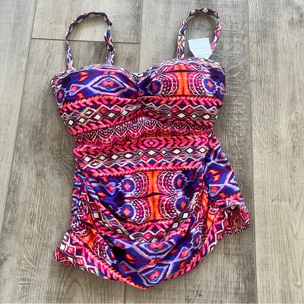 NWT LA BLANCA USA Sz 34D Tankini Bandeau Swim Top Underwire Adjustable Aztec